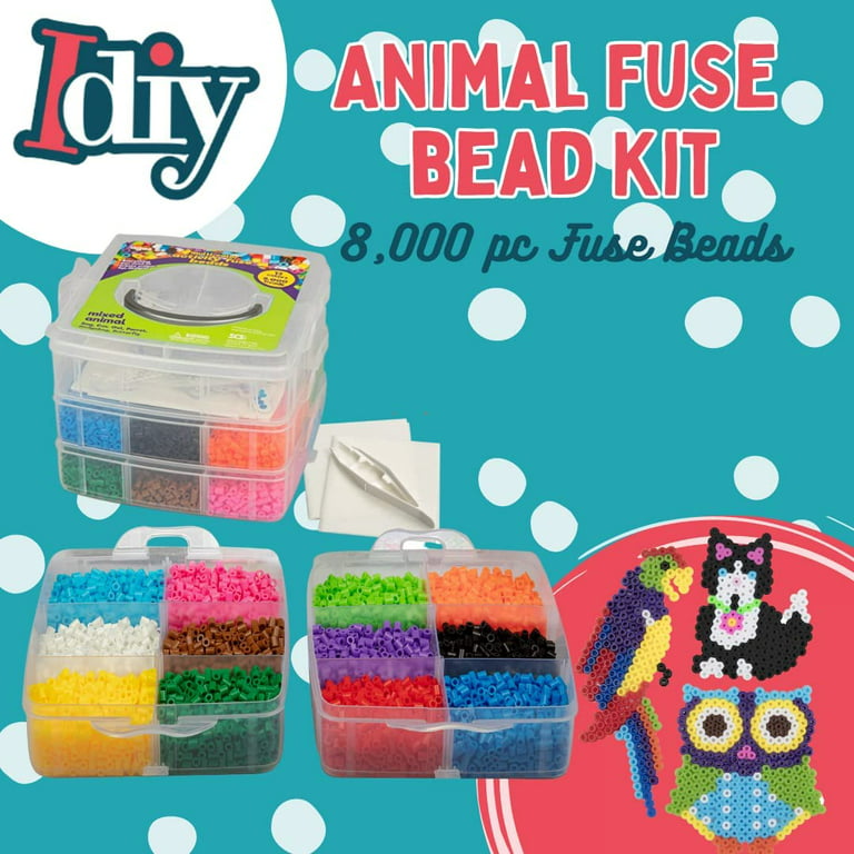SCS Direct 8,000pc Fuse Bead Super Kit w/Animal Pegboards and Templates - 12 Colors, 6 Peg Boards, Tweezers, Ironing Paper, Case - Works