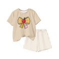 thumbnail image 5 of LvhaoGJOB Little Kids Girls T-Shirt and Shorts Outfit Set, Beige - large Beige bow graphic, notebook print with pink bow, 5 of 6