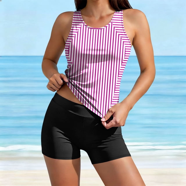 Traje de baño conservador de dos piezas para mujer, tankini, con sujetador acolchado, sin mangas, cuello redondo, estampado informal, traje de baño de dos piezas para mujer, trajes de baño tankini par