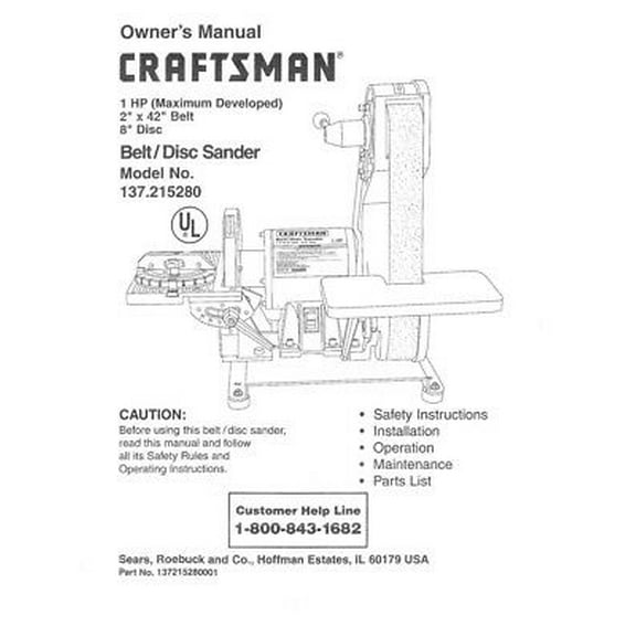 Instruction Manual ONLY for Craftsman 137.215280 Belt & Disc Sander Instruction Manual REPRINT