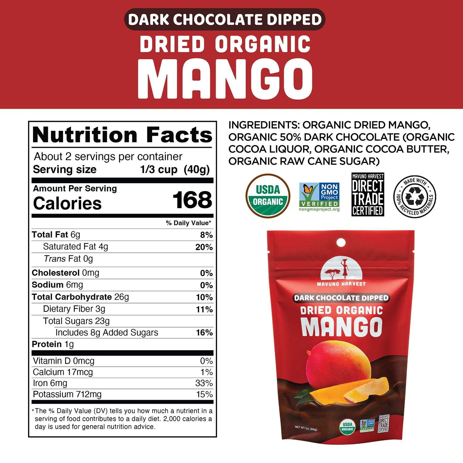 (Pack of 6), Mavuno Harvest Organic Dried Mango Dipped in Dark Chocolate, 3 oz