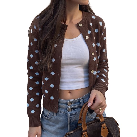 Women's Vintage Round Neck Polka Dot Long Sleeve Button Front Knit Cardigan Coat Coffee Brown S