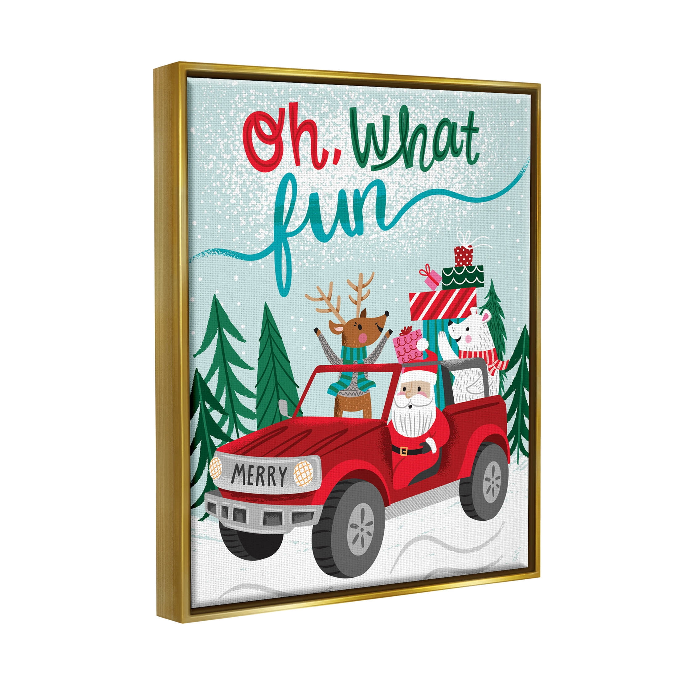 Oh What Fun Santa Driving Gifts Holiday Graphic Art Metallic Gold Framed Art Print Wall Art