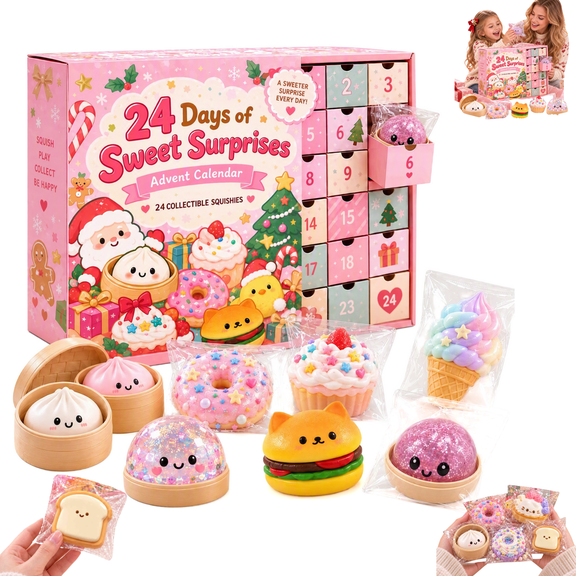 Christmas Pink Sweet Squishy Advent Calendar, 24-Day 2026 Countdown Box, 24 Random Dessert Dumpling Squishies, Cute Fidget Squeeze Toy, Holiday Gift for Kids Women Pink 1Set