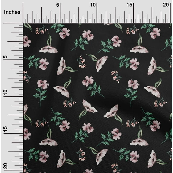 oneOone Georgette Viscose Black Fabric Flower & Leaves Watercolor Sewing Craft Projects Fabric Prints By Yard 42 Inch Wide