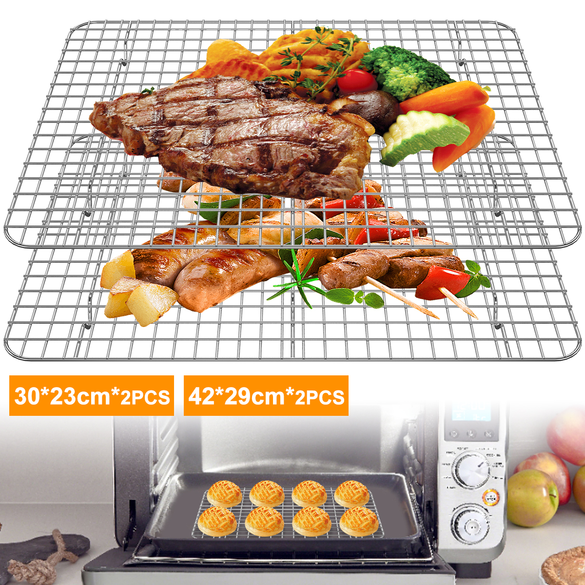 GORWARE 2Pcs Cooling Rack Stainless Steel, Oven Safe Grid Wire Cookie