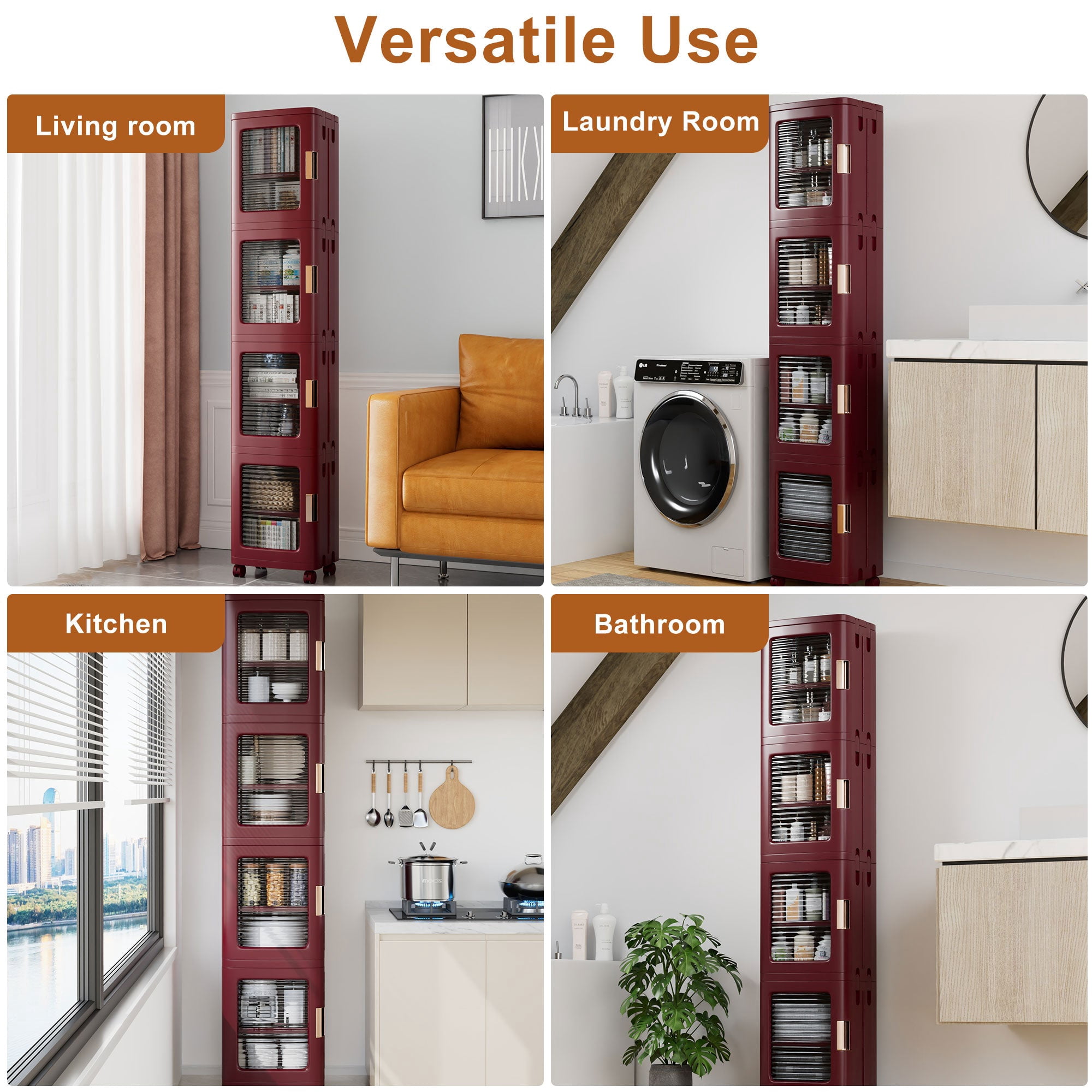 VECELO 4-Tier Slim Storage Cabinet with Wheels, Folding Stackable Box Organizer with Adjustable Shelves and Anti-Tip Design, Red, Large