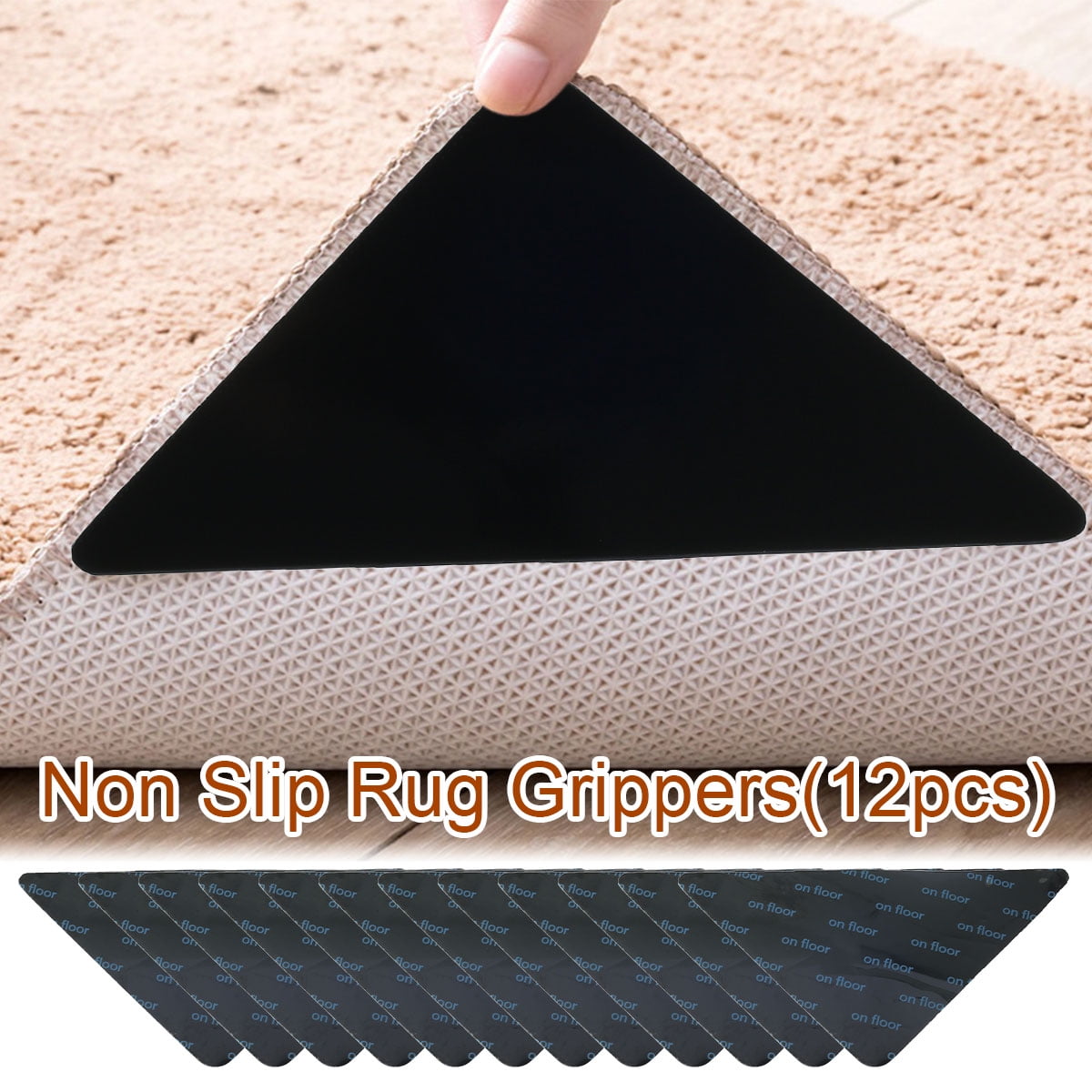 GOTYDI 12pcs Non Slip Adhesive Rug Grippers Anti Curl Corner Side Gripper for Hardwood Floors and Tiles Floors, Reusable Washable Rug Tape for Area Rugs 6*3 inch Black