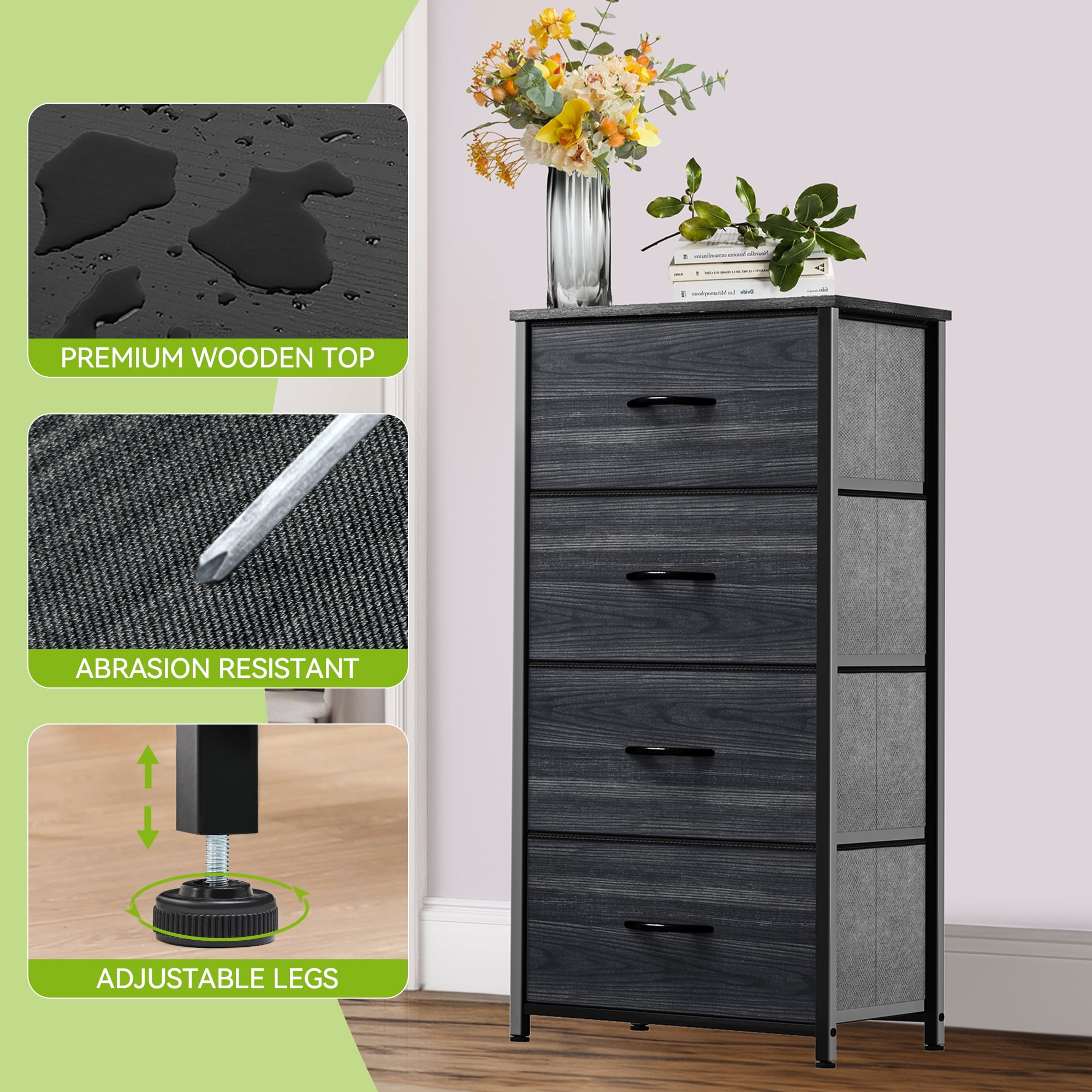 DEXTRUS 4-Drawer Bedside Dresser for Adults with Charcoal Black Finish – Bedroom & Storage Organizer