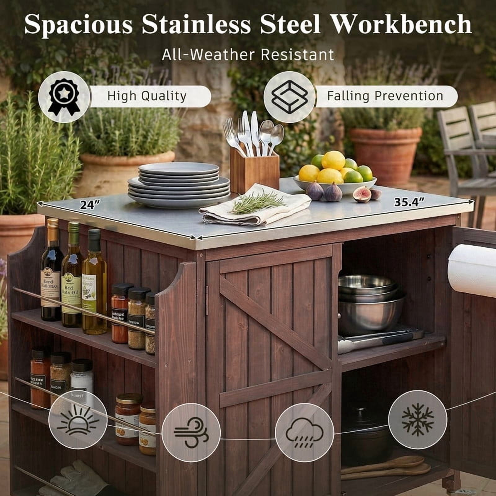 42" Outdoor Kitchen Island with Stainless Steel Top, Fir Wood Grill Cart Outdoor Storage Cabinet with Adjustable Shelf and 4 Wheels