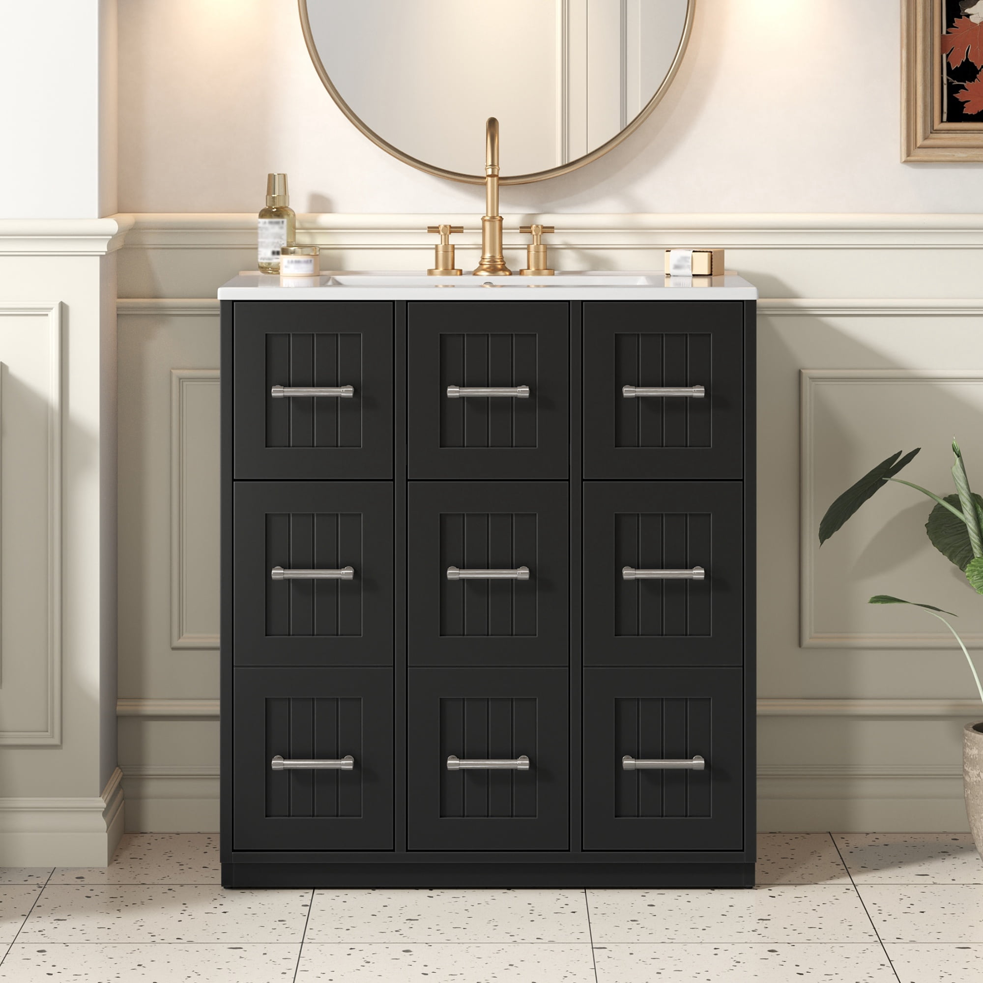Euroco 30inch Bathroom Vanity with Undermount Sink and Drawers, Painted Surface, Soft-Close Doors, Bathroom Cabinet with Tip-Out Drawer