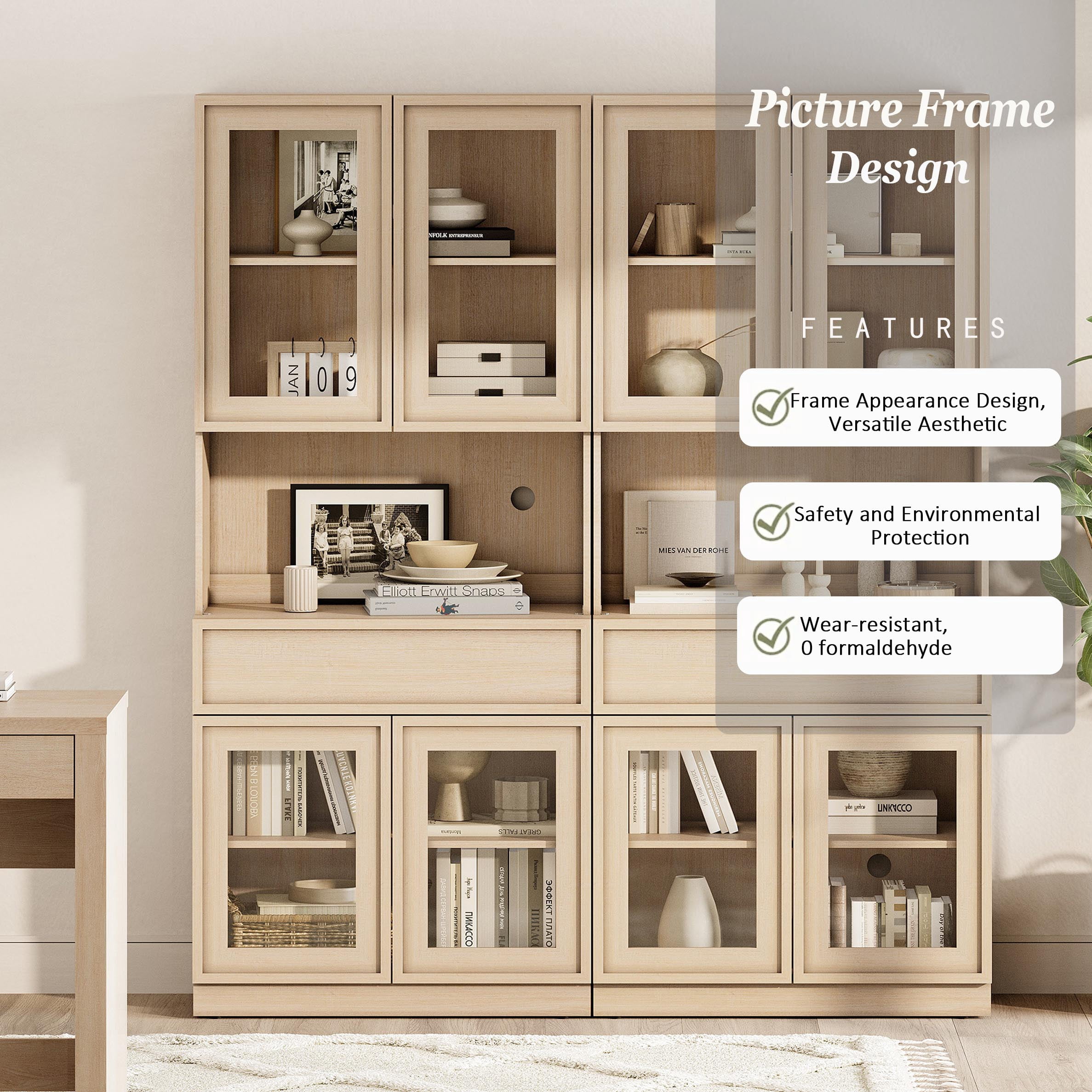 Modern 72"Tall Sideboard, Wood Buffet Display Cabinet with Glass Doors, Drawers and Adjustable Shelves, Multi-Layer Storage Console for Dining Room,Living Room,Entryway,Beige
