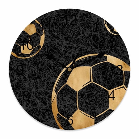 Wall Clock Luxury Golden Soccer Balls Clocks PVC Silent Non-Ticking Battery Operated Decorative Black Sports Round Clock for Home Living Room Kitchen Bedroom Office School Wall Decor 12 Inch