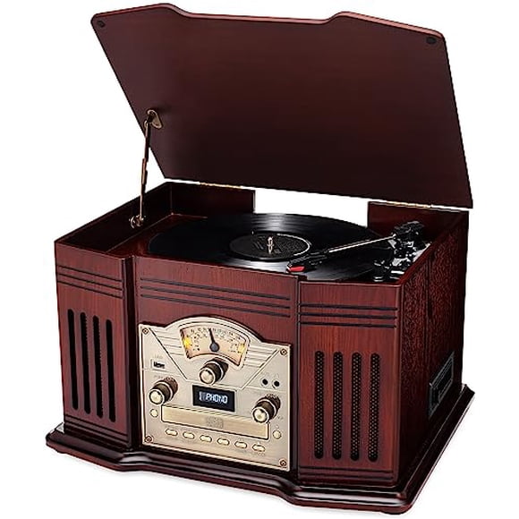 ClearClick Tocadiscos todo en uno con tocadiscos de 3 velocidades, Bluetooth, CD, cinta de casete, radio AM/FM, auxiliar, USB, parlantes incorporados, exterior de madera hecho a mano