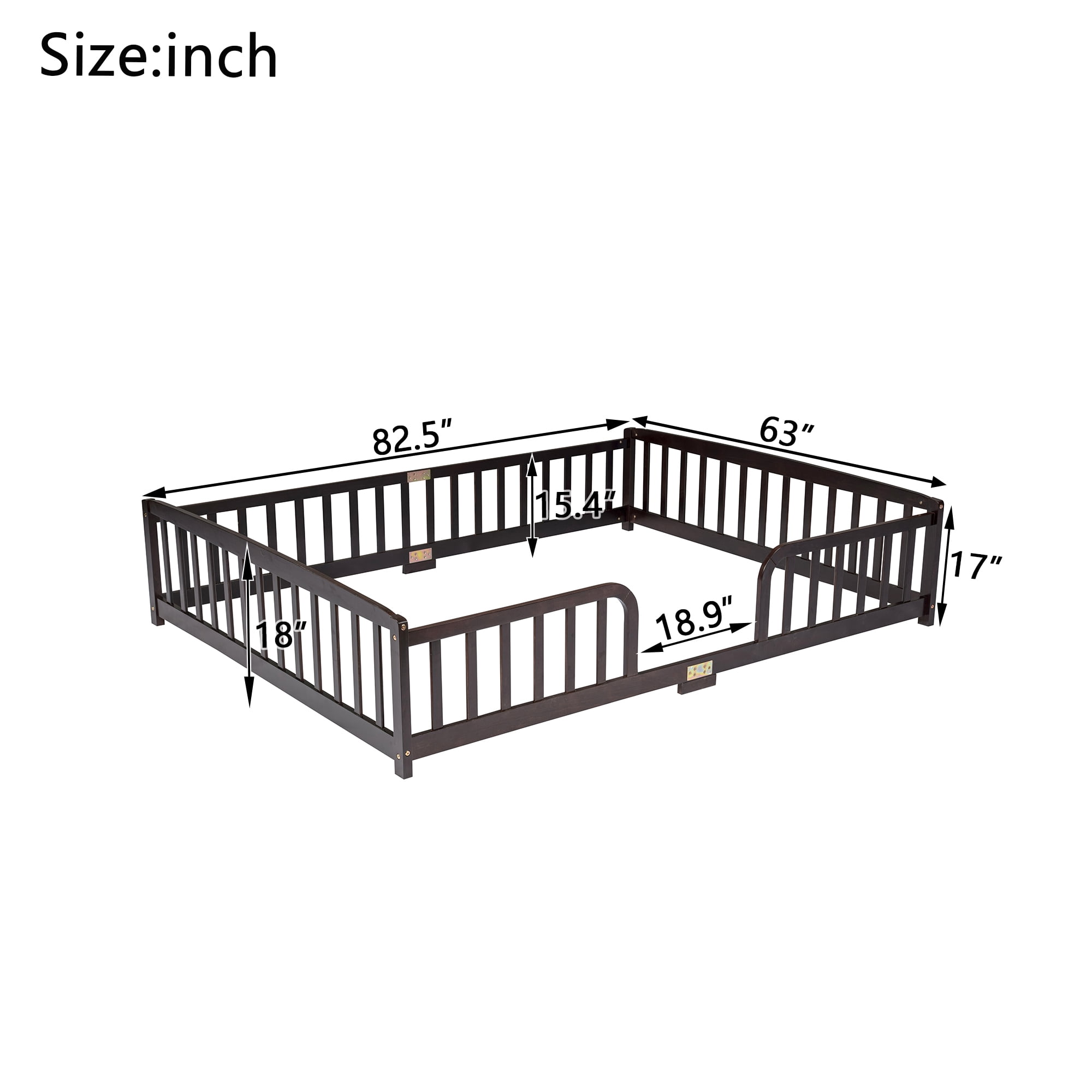 Leumius Queen Size Floor Fence Bed with Central Entrance,Pine Wood Floor bed with Guardrails,Espresso
