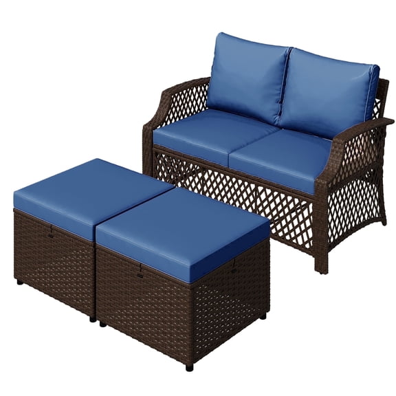 Homrest Outdoor Loveseats with Loveseat and Ottomans, Blue