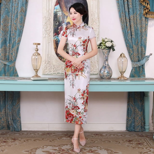 Características mejoradas del cheongsam largo HD con estampado digital, falda cheongsam ajustada