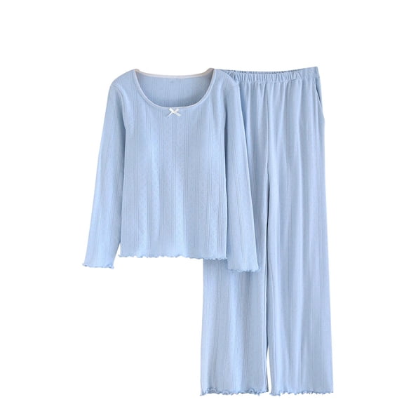 Jamicy Lounge Sets for Women Solid Color Comfy Ribbed Knit Pajamas Fall Crew Neck Long Sleeve Sleepwear 2 Piece Casual Loungewear