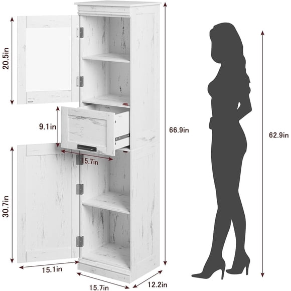 Kojooin 170 cm Bathroom Cabinet, Slim Freestanding Storage Cupboard with Adjustable Shelves and Glass Doors