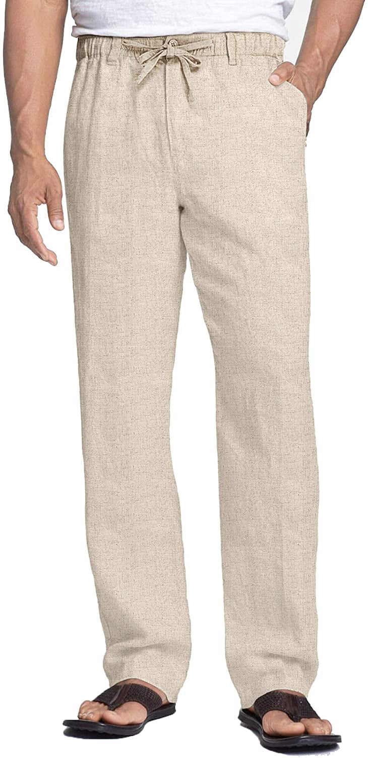 Men's Cotton Linen Casual Straight Pants Drawstring Long Trousers Sweatpants 