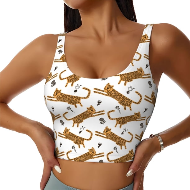 Balery Leopard Print Sujetadores deportivos con espalda cruzada para mujer, acolchados, sin costuras, de alto impacto, ideales para yoga, gimnasio, entrenamiento y fitness.-Medium