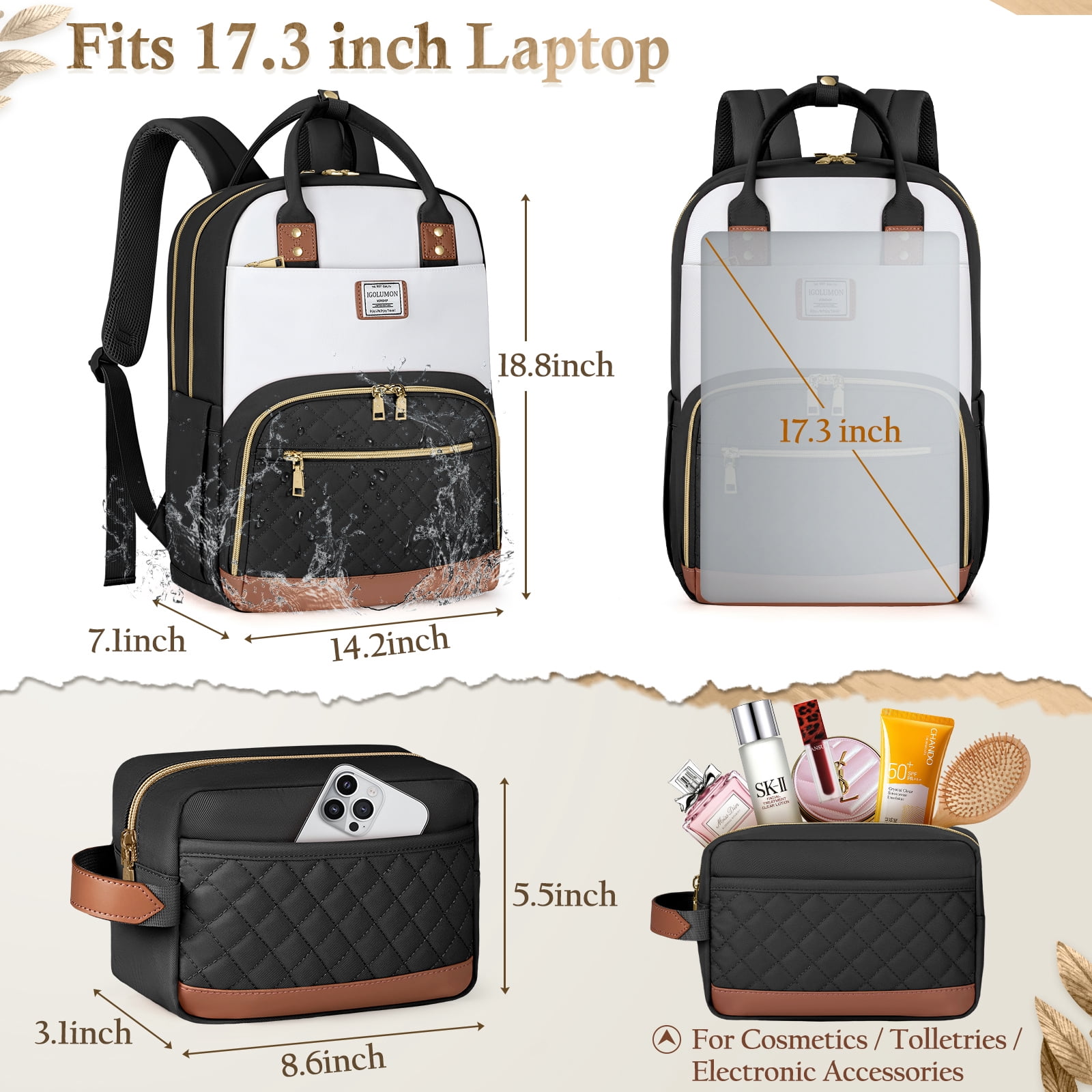 IGOLUMON Women's Backpacks for Laptop 15.6 Inch Business Backpacks Waterproof Computer Bag 2 Sets Casual Daypack College Carry on Nurse Bag Backbag for Travel
