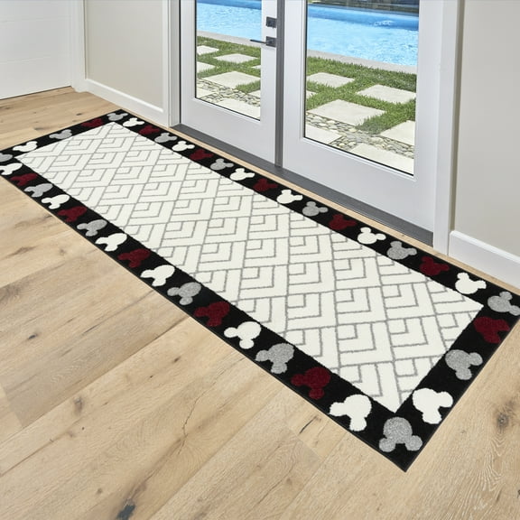 Disney Bravo Mickey Mouse Head Border Modern Geometric Ivory Indoor Area Rug, 2x8 Runner