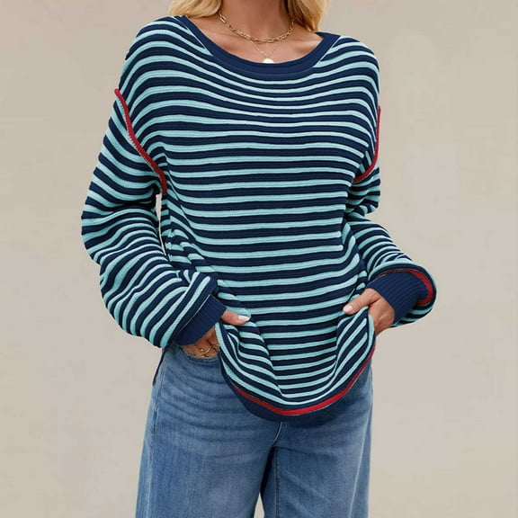 FDGIU Women's Chunky Knit Sweater Warm Pullover Crewneck Sweater 2025, Oversized Loose Striped Top, Casual Fall Fashion Cozy Tunic