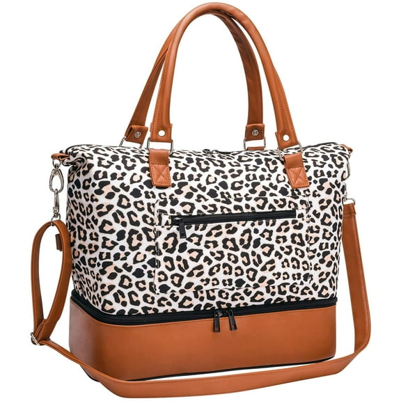 SearocK Women Travel Duffle Bag Carry On Tote Weekender Overnight Bag - PU Leather Shoulder Strap Leopard 18 Inch
