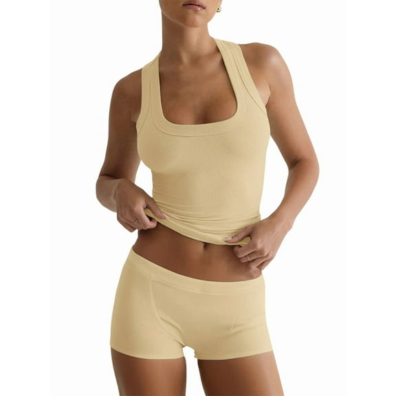 Women'S Slim Fit Sports Shorts Set Sleeveless Top and Shorts Yellow S