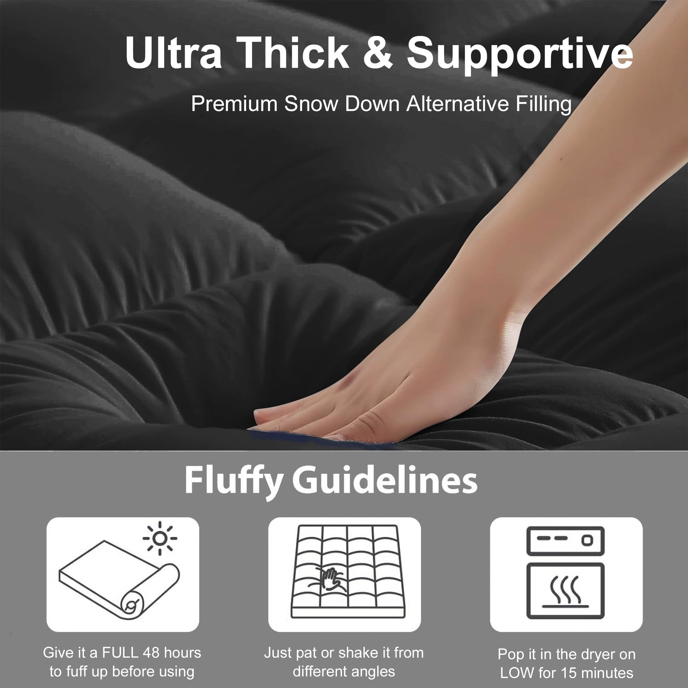 Teler Mattress Topper Queen Size for Back Pain, 400TC Extra Thick Mattress Pad Pillow Top, Quilted Fitted Mattress Protector Cover with 8-21" Deep Elastic Pocket, Soft & Breathable, Black