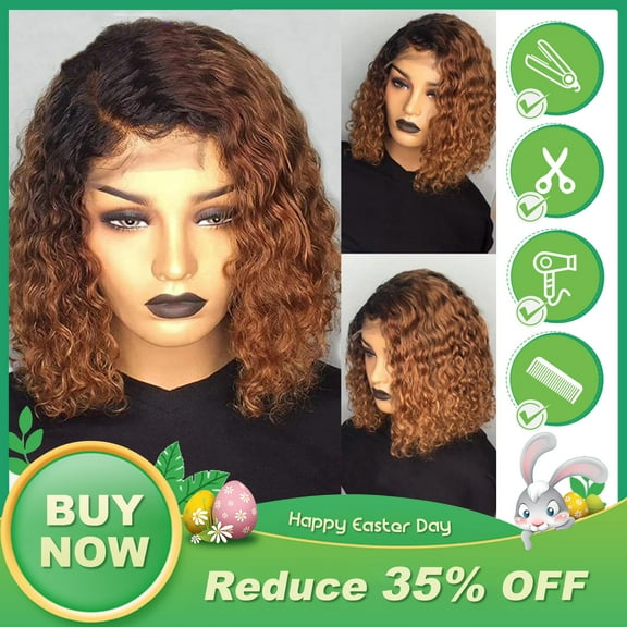 Dopi Short Curly Honey Blonde Bob Wig Lace Front Human Hair Wigs For Women Light Brown