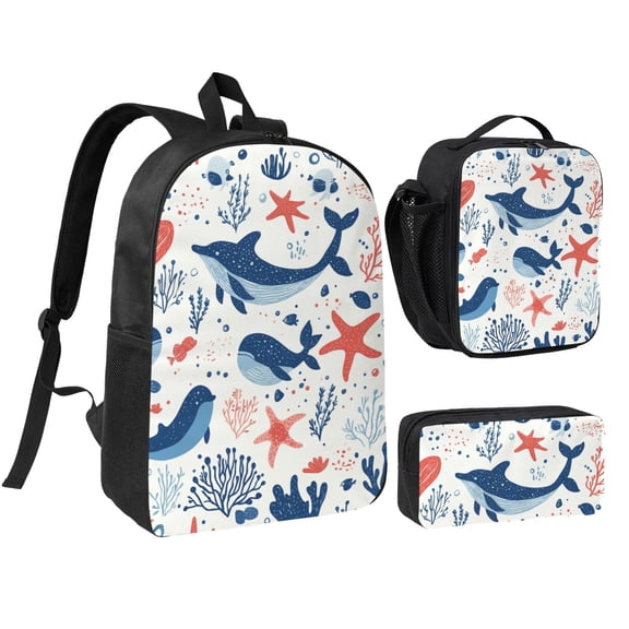 FishPattern Backpack 17 Inch Set with Lunch Bag and CaseDurableTravel Bag Combo for Work Commuting Daily Use
