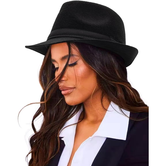 Unisex Classic Manhattan-Gangster-Fedora-Hat Short-Brim Trilby Hat - Women Men Wool Felt Winter Structured Hat with Band(S/M)