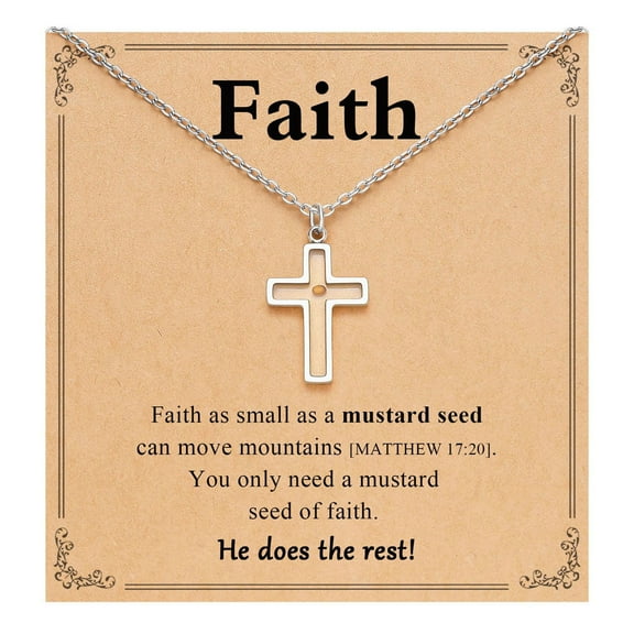 Cross 201 Stainless Steel Mustard Seed Pendant Necklaces for Women Silver 17.72 inch(45cm) Stainless Steel