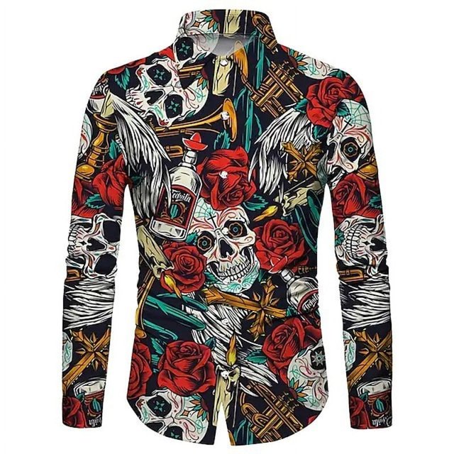 Camisa con botones y calavera floral para hombre, camisa de fiesta de manga larga a la moda para otoño e invierno, camisa con cuello estampado en 3D, talla grande