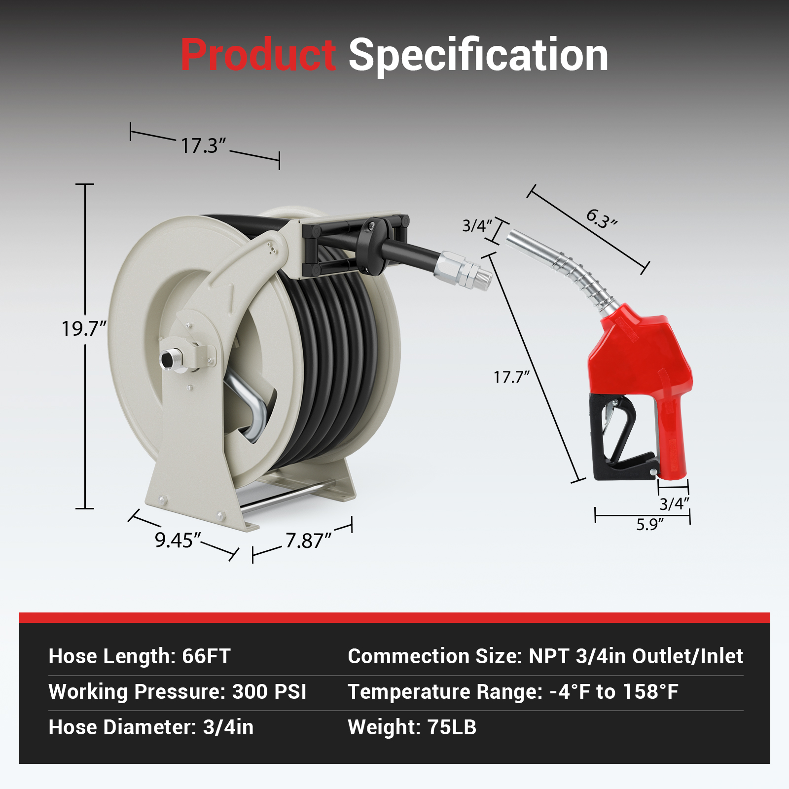 XUTUMM Fuel Hose Reel Retractable 3/4" x 66' Adjustable Dual Arm, All-weatherAuto Rewind, Heavy Duty Steel, with Fueling Nozzle for Aircraft Ship Vehicle Tank Truck, 300 PSI