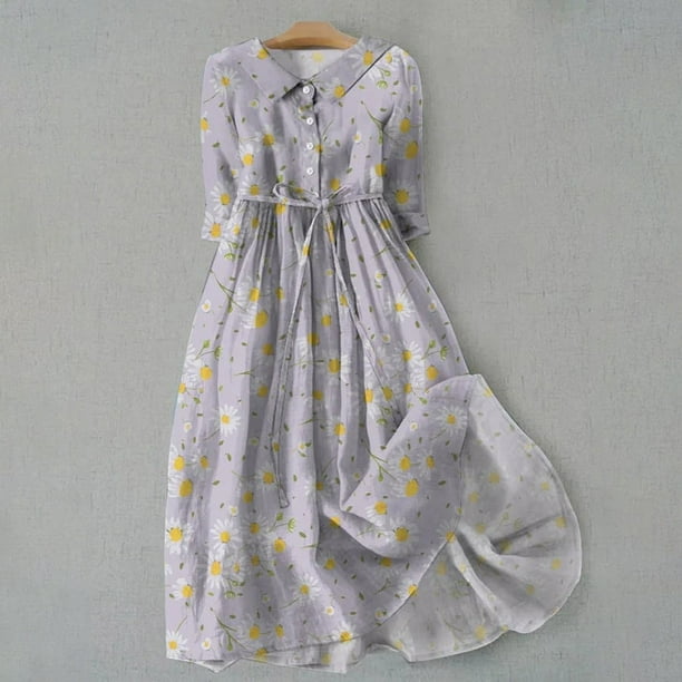 WILLBEST Vestidos de Algodon para Mujer, Estilo Coreano, con Cordones, Cintura Definida, Camisa, Vestido Midi de Verano, Media Manga, Vestido de Línea A A La Moda 378 Extra Grande