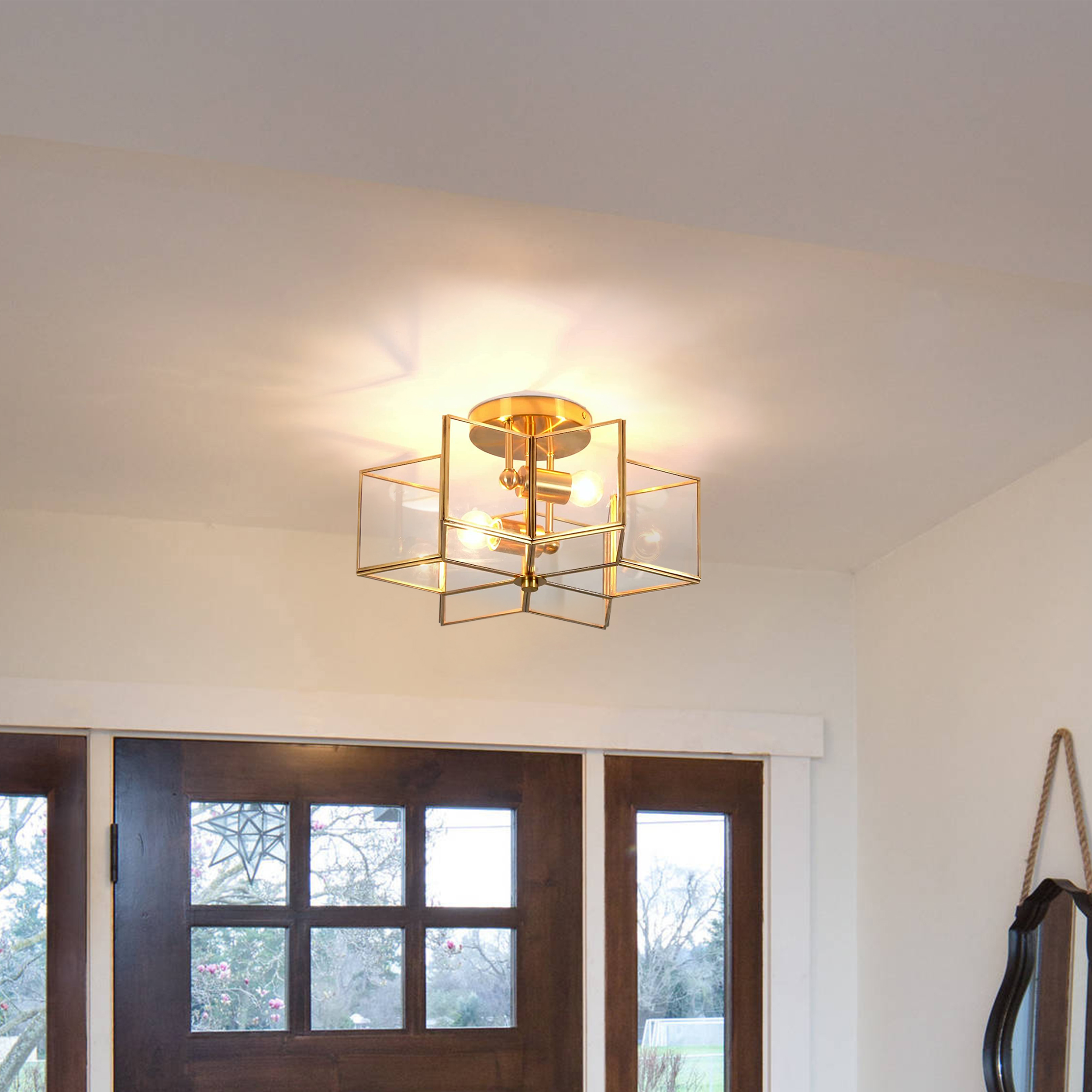 Meluaim Ceiling Light Fixture,  Flush Mount Ceiling Lamp with 2-Lights,Gold Hexagram Stra Shape, Brass Trim Craft