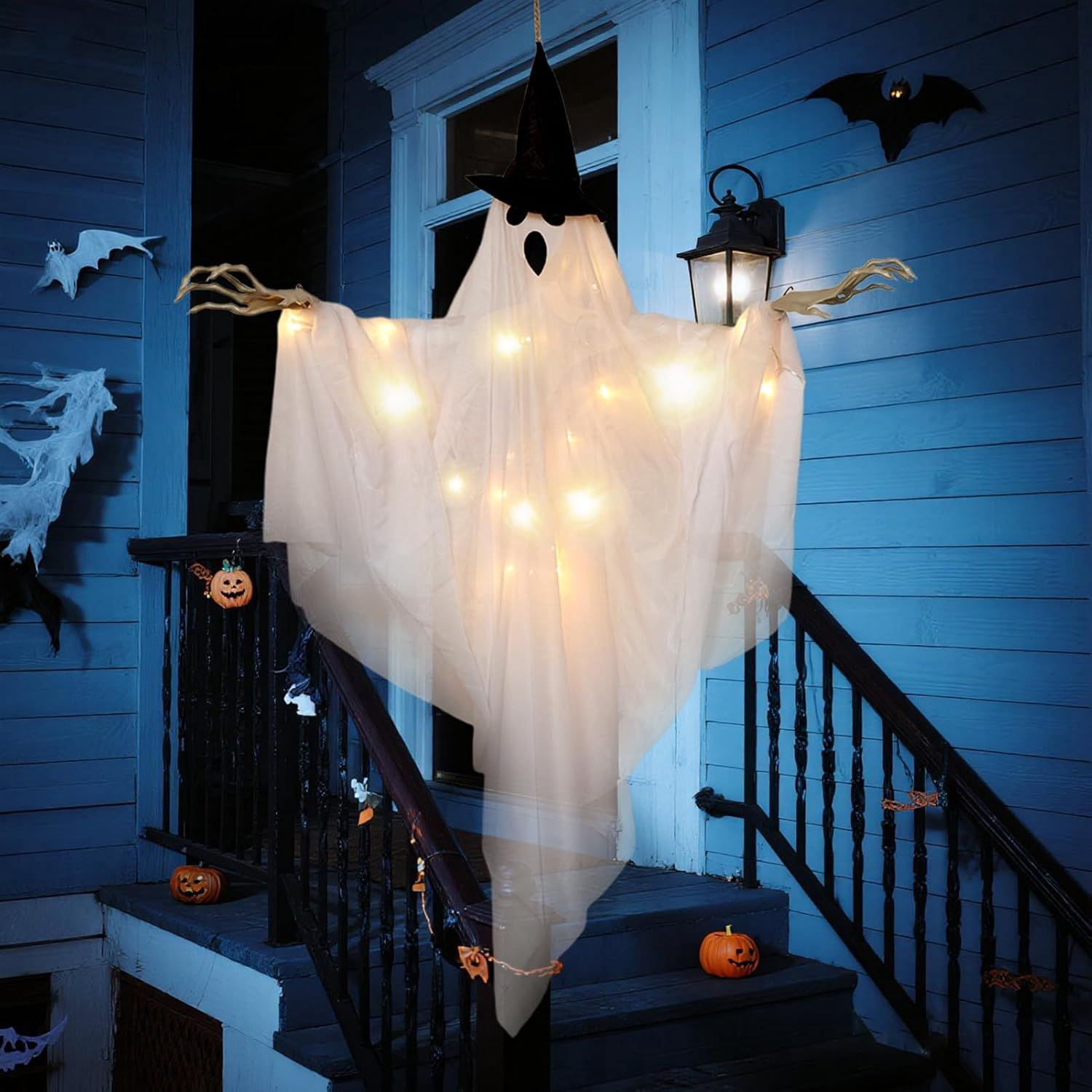2 Pack Hanging Ghost Decorations 70cm with 8 Mode Lights for Indoor Outdoor