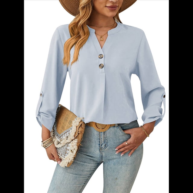 Camisas Holgadas de Larga Tipo Farol para Mujer, Blusas con Puños Fruncidos para el Trabajo, Blusas de Otoño. Azul XL