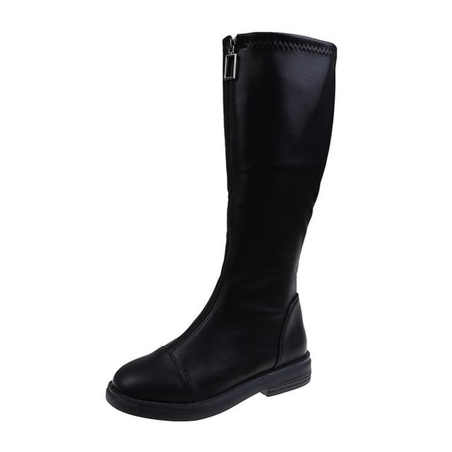 CEHVOM Bottes Plates à Bout Rond et Talon Moyen pour Femmes, Fermeture Éclair avant