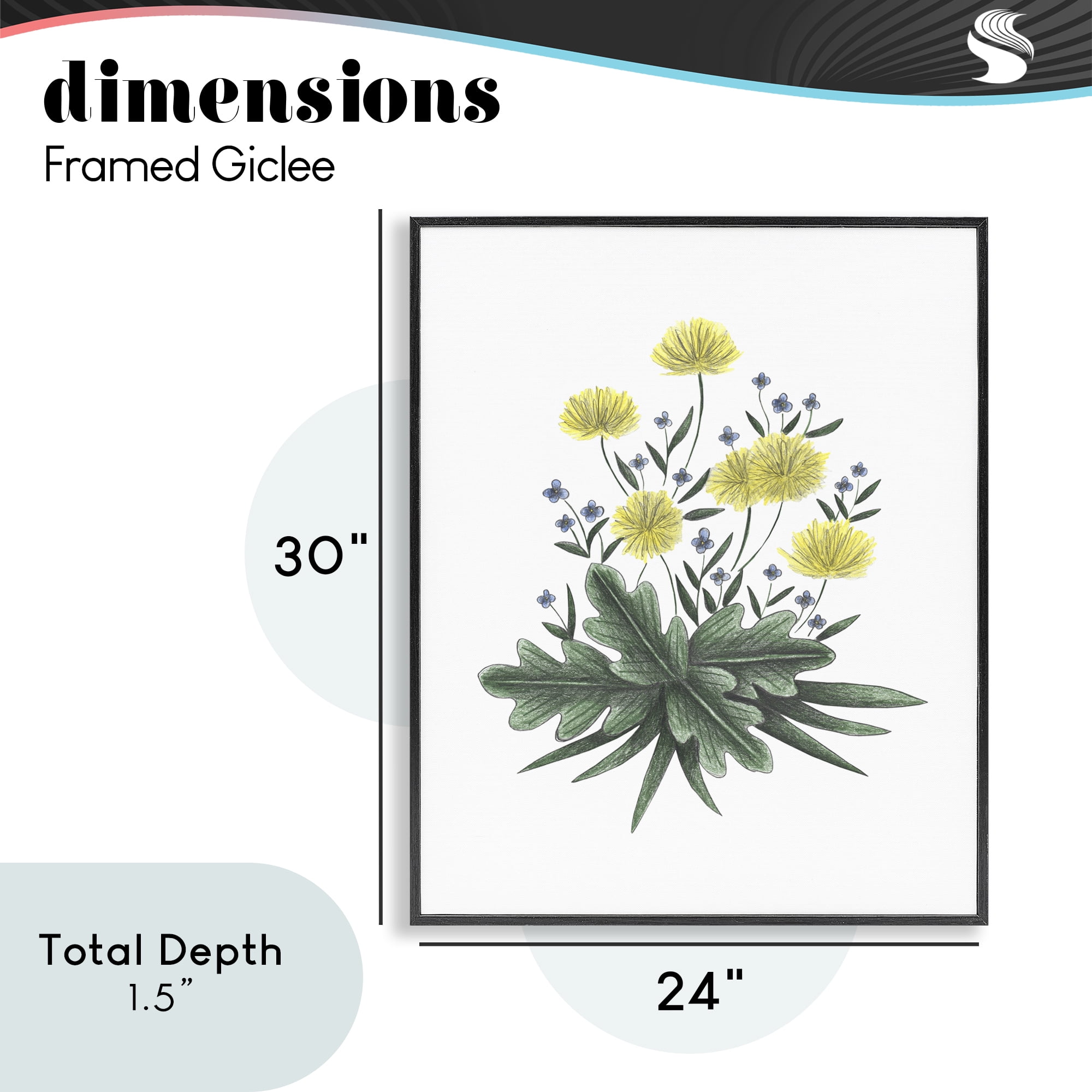 Dandelion Flower Illustration Black Framed Giclee Art, design by Cecilia Battaini