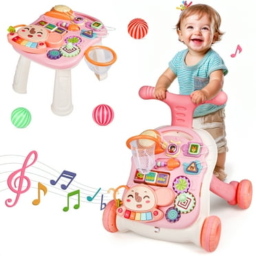 Hot Bee 3-in-1 Baby Walker and Learning Table Center, Perfect Learning Toys Christmas Gift for Infants 6-12 Months, 17.3 Inch Perfect for Early Development & Playtime for Girls Boys-Pink