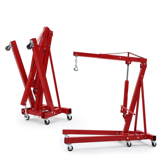 2 Ton Folding Engine Hoist Cherry Picker, Hydraulic Shop Crane with Telescopic Boom & 6 Swivel Casters, Heavy-Duty for Garage Workshop, Red