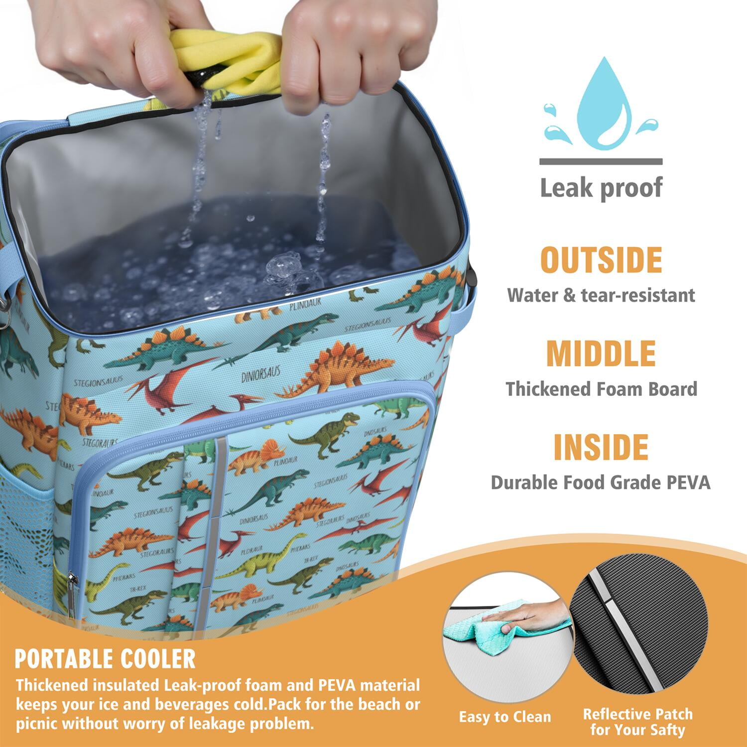 Travel Cooler Bag - Blue Cartoon Dinosaurs Names Pattern Camping Beer Cooler Backpack with Bottle Opener- Waterproof Insulated Picnic Backpacks - Cooler Bag for Beach