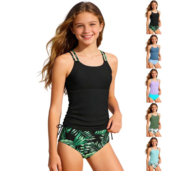 Girls Swimsuit Girls 2 Piece Swimsuit Set Side Ruched Swimwear with Hawaiian Print Bikini Bottoms Tankini Size 7-16 Years
