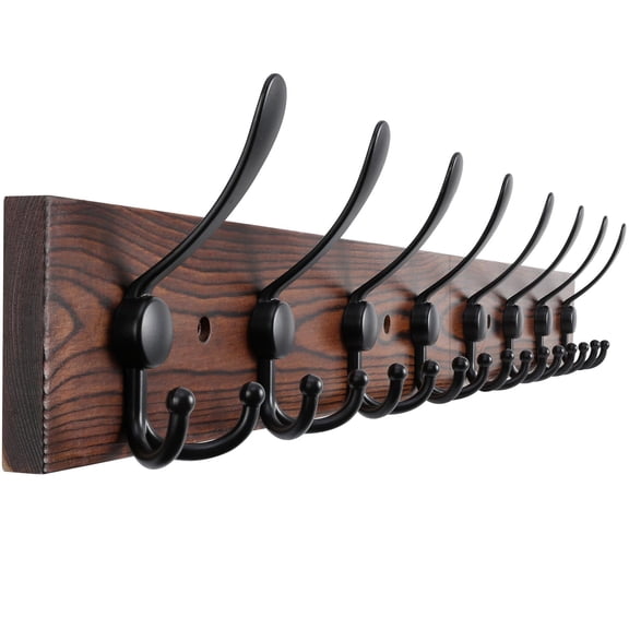 32.2'' Large Coat Rack Wall Mount Coat Hooks Coat Hanger with 8 Metal Black Triple- Hooks Brown Pine Real Wood Plank Hat Rack for Wall Hooks for Hanging Coat Hat Jacket