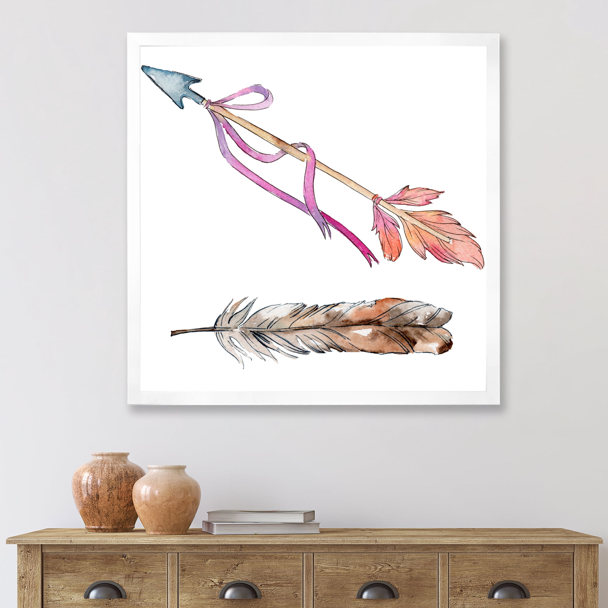 Designart 'Pink Bird Feather From Wing on Arrow' Bohemian & Eclectic Framed Art Print