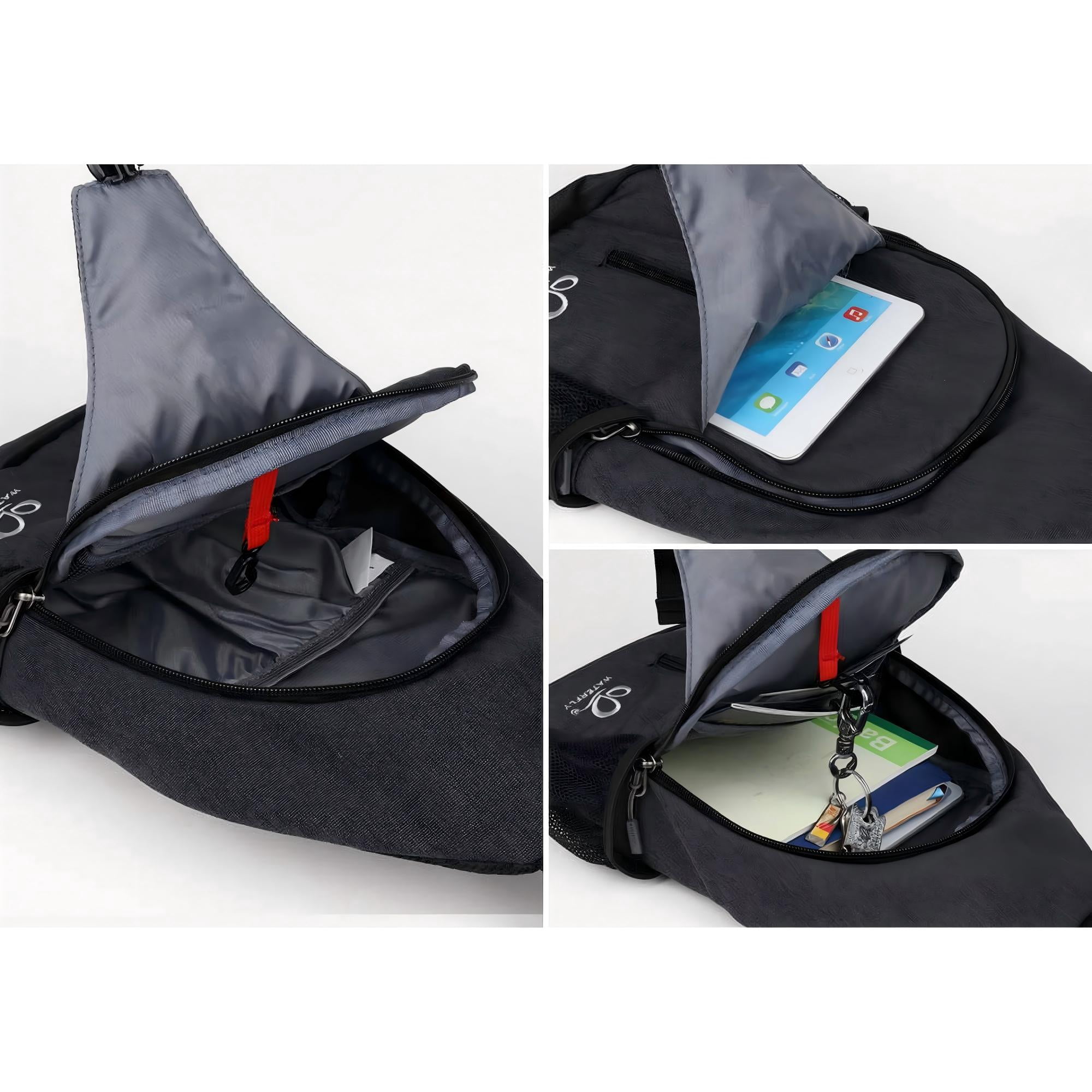 WATERFLY Unisex Hiking Travel Nylon Sling Bag Cross-Body Shoulder Chest Bag,Black